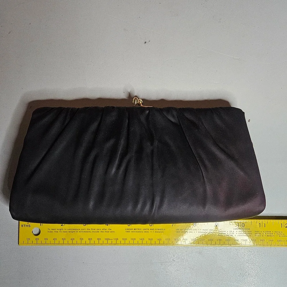 Vintage HL USA Black Satin Ruched Clutch Evening Bag Gold Chain Kiss Lock USA